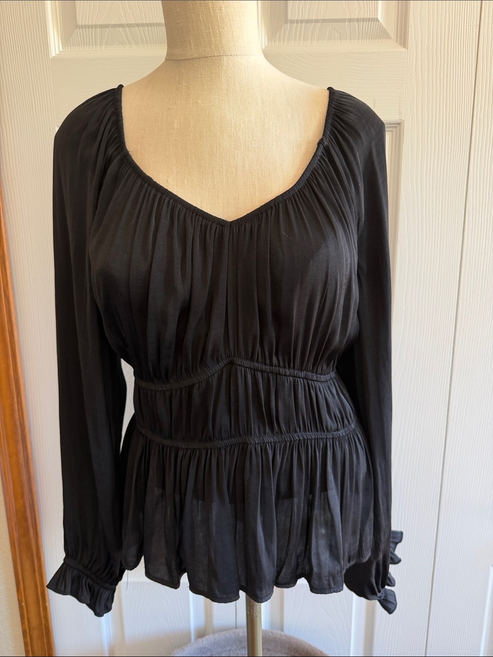 Nine West Black Ruffled Sleeve Peasant Boho Blouse-SZ XLarge
